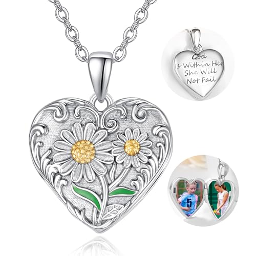 TANGPOET Gänseblümchen Herz Medaillon Kette mit Foto für Damen Frauen Mädchen Silber 925 Bild Halskete positiven Worten Christlicher Schmuck Ermutigungsgeschenke Geburtstag Weihnachten Abschlussfeier von TANGPOET