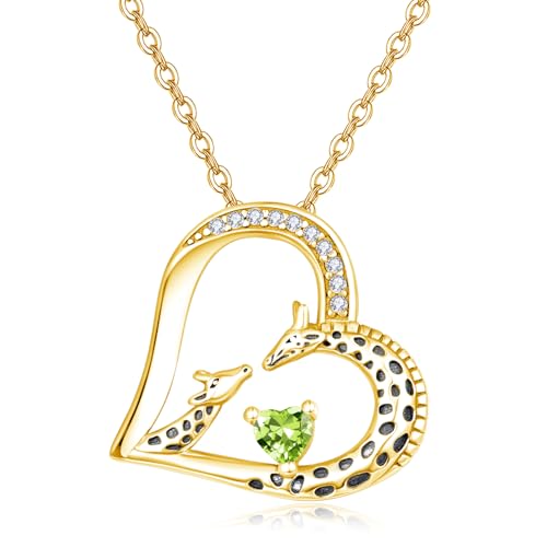 TANGPOET Giraffe Herz Anhänger Halskette Geschenke für Damen Frauen Silber 925 vergoldet Mutter Tochter Giraffen Kette Schmuck mit August Peridot Geburtsstein für Geburtstag Weihnachten Muttertag von TANGPOET