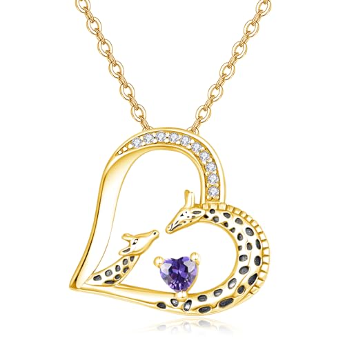 TANGPOET Giraffe Herz Anhänger Halskette Geschenke für Damen Frauen Silber 925 vergoldet Mutter Tochter Giraffen Kette Schmuck mit Februar Amethyst Geburtsstein für Geburtstag Weihnachten Muttertag von TANGPOET