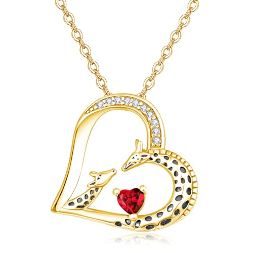 TANGPOET Giraffe Herz Anhänger Halskette Geschenke für Damen Frauen Silber 925 vergoldet Mutter Tochter Giraffen Kette Schmuck mit Juli Rubin Geburtsstein für Geburtstag Weihnachten Muttertag von TANGPOET