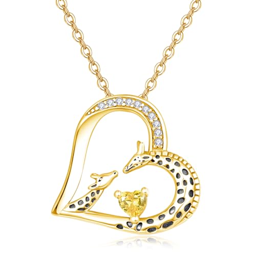 TANGPOET Giraffe Herz Anhänger Halskette Geschenke für Damen Frauen Silber 925 vergoldet Mutter Tochter Giraffen Kette Schmuck mit November Citrin Geburtsstein für Geburtstag Weihnachten Muttertag von TANGPOET