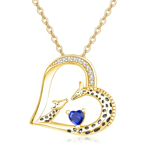 TANGPOET Giraffe Herz Anhänger Halskette Geschenke für Damen Frauen Silber 925 vergoldet Mutter Tochter Giraffen Kette Schmuck mit September Saphir Geburtsstein für Geburtstag Weihnachten Muttertag von TANGPOET