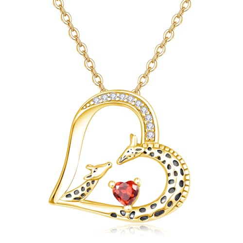 TANGPOET Giraffe Herz Anhänger Kette Geschenke für Damen Frauen Silber 925 vergoldet Mutter Tochter Giraffen Halskette Schmuck mit Januar Granat Geburtsstein für Geburtstag Weihnachten Muttertag von TANGPOET