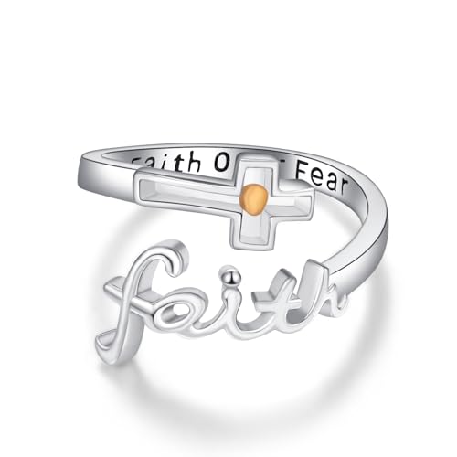 TANGPOET Glaube über Angst Ring für Damen Herren Silber 925 Einstellbare offener Kreuz Daumenring Senfkorn Umarmungsring Christlicher Schmuck Inspirierende Ermutigungs Geschenke zum Geburtstag von TANGPOET