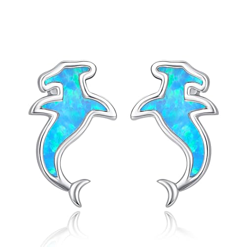 TANGPOET Hammerhai Ohrringe für Damen Frauen Mädchen Silber 925 blauer Opal Hai Ohrstecker Schmuck Geschenke zum Geburtstag Weihnachten Valentinstag Muttertag von TANGPOET