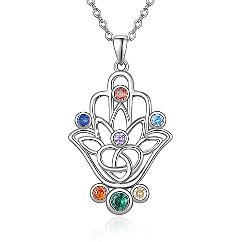 TANGPOET Hamsa Hand Halskette 925 Sterling Silber 7 Chakra Hand der Fatima Halskette Celtic Knot Anhänger Schmuck Geschenke für Damen Mädchen Frauen von TANGPOET