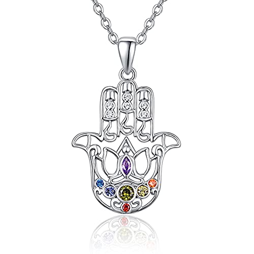 TANGPOET Hamsa Hand Halskette 925 Sterling Silber 7 Chakra Hand der Fatima Kette Lotusblume Anhänger Schmuck Geschenke für Damen Mädchen Frauen von TANGPOET
