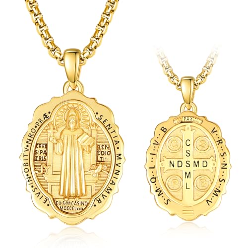 TANGPOET Heiligen Benedikt Medaille Anhänger Kette für Damen Herren Silber 925 Vergoldet Medalla De San Benito Halskette Katholisch Religiös Christlicher Schmuck Geschenke von TANGPOET