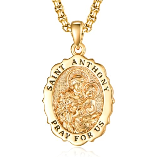 TANGPOET Heiliger Antonius Medaille Kette für Herren Männer Damen Frauen Silber 925 Vergoldet San Antonio de Padua Halskette Anhänger Katholisch Religiös Christlicher Schmuck Schutz Amulett Geschenke von TANGPOET