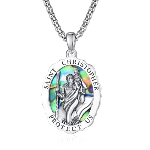 TANGPOET Heiliger Christophorus Medaille Anhänger Halskette für Herren Männer Damen Frauen Silber 925 Abalone Muschel Christopherus Kette religiösen Schmuck Amulett Geschenke für Reisende Fahrer von TANGPOET
