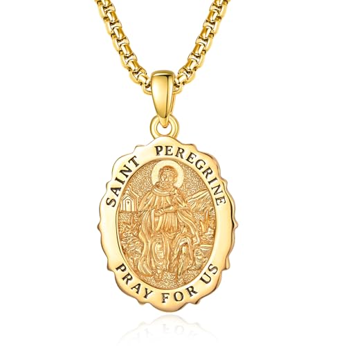 TANGPOET Heiliger Peregrine Medaille Anhänger Kette für Damen Frauen Herren Männer Silber 925 vergoldet Schutzpatron des Krebses Halskette katholischen religiösen Amulett Schmuck Geschenke von TANGPOET