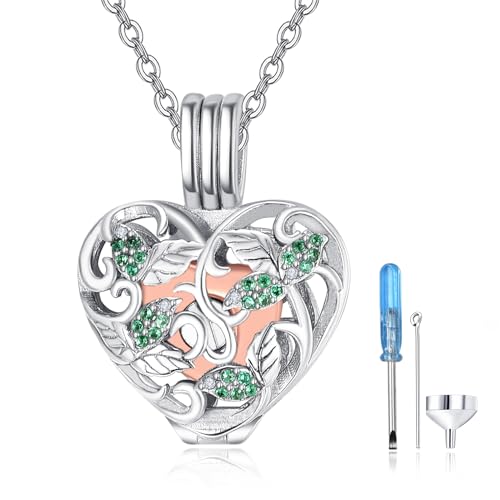 TANGPOET Herz Asche Halskette 925 Sterling Silber Blatt Urne Halskette, Urnenketten für Asche Anhänger, Geschenke für Frauen Mädchen, mit Trichter Füller Kit von TANGPOET