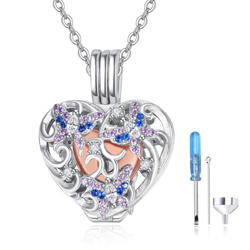 TANGPOET Herz Asche Halskette 925 Sterling Silber Schmetterling Urn Halskette, Urnenketten für Asche Anhänger, Geschenke für Frauen Mädchen, mit Trichter Füller Kit von TANGPOET