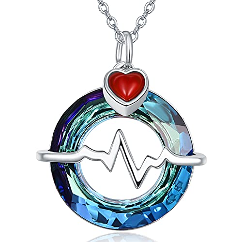 TANGPOET Herzschlag Halskette 925 Sterling Silber Elektrokardiogramm Halskette Kristall Süße Linie Herzschlag Liebe Anhänger Valentinstag Schmuck Geschenke für Frau Freundin von TANGPOET