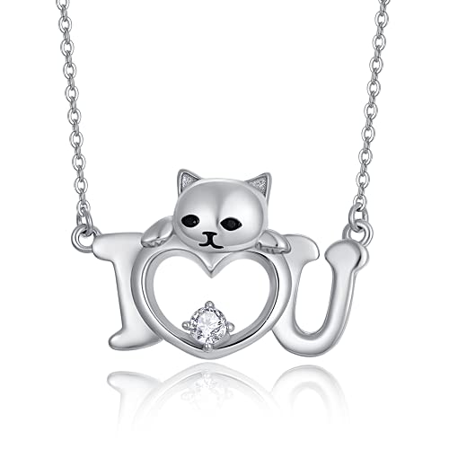 TANGPOET Katzen halskette 925 Sterling Silber Kette Niedliche Tier Katzen Anhänger Schmuck Geschenk für Damen Mädchen von TANGPOET