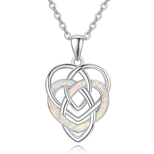 TANGPOET Keltischer Knoten Anhänger Kette Irischer Schmuck für Damen Frauen Mama Silber 925 Opal Triquetra Trinity Herz Halskette Geschenke zum Geburtstag Weihnachten Muttertag von TANGPOET