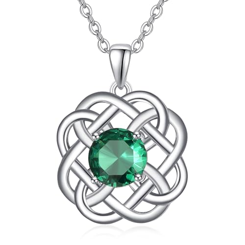 TANGPOET Keltischer Knoten Kette für Damen Mädchen Silber 925 Irischer Anhänger Smaragd Kettenanhänger Halskette Keltischer Schmuck Geschenke für sie Muttertag Geburtstag Weihnachten Valentinstag von TANGPOET