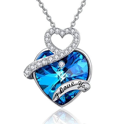 TANGPOET Kette Blau Kristall Herz 925 Sterling Silber Herz zu Herz Anhänger Ich liebe dich Halskette, Geburtstag Schmuck Geschenke für Ihre Frauen Frau Mama Freundin von TANGPOET