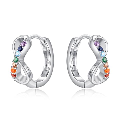 TANGPOET Kleine Creolen Silber 925 für Damen Frauen Regenbogen Zirkonia Infinity Ohrringe Chakra Huggie Creolen Scharnier Schmuck von TANGPOET