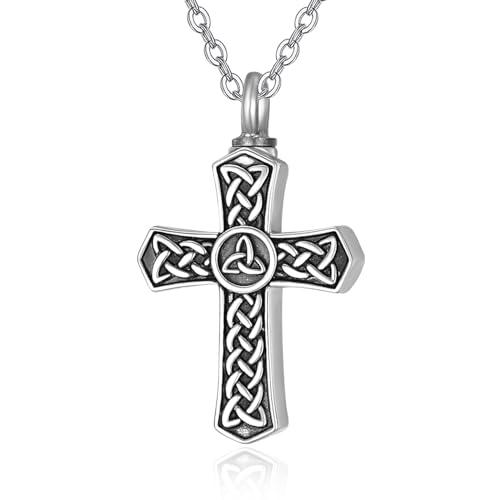 TANGPOET Kreuz Asche Halskette 925 Sterling Silber Keltische Knoten Urn Halskette, Urnenketten für Asche Anhänger, Geschenke für Männer Frauen von TANGPOET