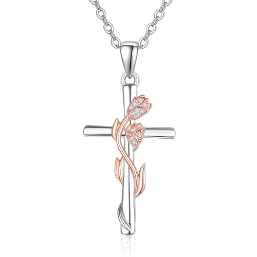 TANGPOET Kreuz Halskette 925 Sterling Silber Tulpe Kreuz Anhänger, Blume Kreuzkette, Valentinstag Schmuck Geschenke für Frau Freundin von TANGPOET