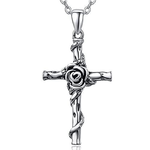 TANGPOET Kreuz Kette 925 Sterling Silber Rosen Blume Kreuz Anhänger Halskette Kreuzkette Schmuck Geschenke für Damen Männer von TANGPOET