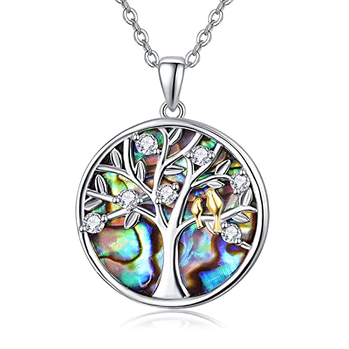 TANGPOET Lebensbaum Kette 925 Sterling Silber Vogel und Baum des Lebens Anhänger Abalone Halskette Valentinstag Schmuck Geschenke für Damen Mädchen Frauen von TANGPOET