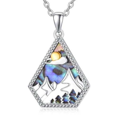 TANGPOET Leckeres Berg Halskette für Damen Silber 925 Berge Kette Glaube kann Berge versetzen Schmuck Abalone Schale Geschenke für Naturliebhaber Wanderer Kletterer mit 18"+2" Kette von TANGPOET