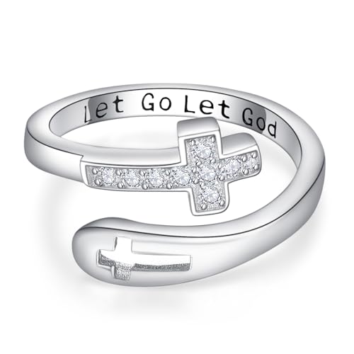 TANGPOET Let Go Let God Ring für Damen Herren Silber 925 Einstellbare offener Glaube Kreuz Daumenring Umarmungsring Religiöser Christlicher Schmuck Inspirierende Ermutigungsgeschenke zum Geburtstag von TANGPOET