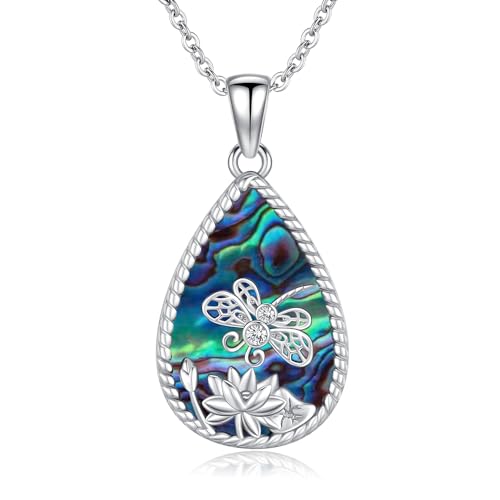 TANGPOET Libelle Halskette für Damen Frauen Mädchen Silber 925 Lotusblume Abalone Muschel Anhänger Schmuck Geschenke für Mütter Tag Geburtstag Weihnachten mit 18"+2" Kette von TANGPOET