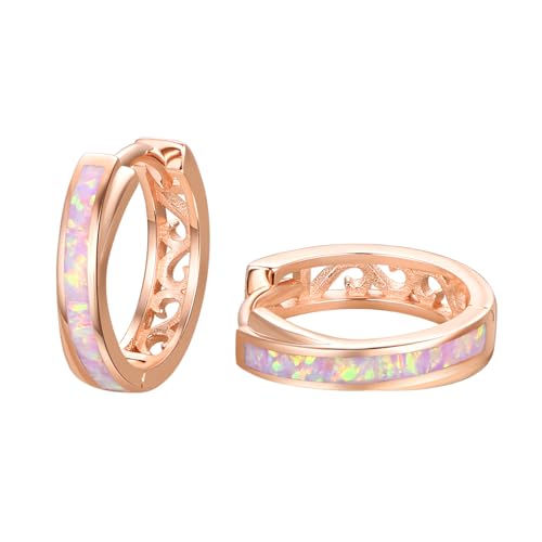 TANGPOET Mädchen Creolen Ohrringe Sterling Silber 925 Rosa Opal Kinderohrringe, Klein Hypoallergene Klappcreolen, Roségold Damenohrringe, Schmuck Geschenke für Frauen, 15mm von TANGPOET