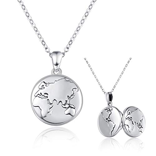 TANGPOET Medaillon Halskette für Frauen 925 Oxid Silber Weltkarte Foto Anhänger, Bild Medallion Kette, Foto-Medaillon Geschenke für Damen Mädchen von TANGPOET