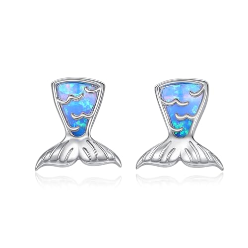 TANGPOET Meerjungfrauen Schwanz Ohrringe für Damen Frauen Mädchen Silber 925 blauer Opal Fischschwanz Ohrstecker Schmuck Geschenke zum Geburtstag Weihnachten Valentinstag Muttertag von TANGPOET