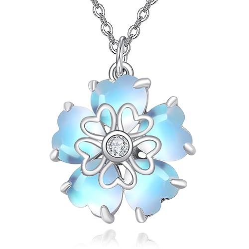 TANGPOET Mondstein Blume Halskette 925 Sterling Silber Herz Blume Anhänger Geburtstag Schmuck Geschenke für Frauen Damen Mädchen von TANGPOET