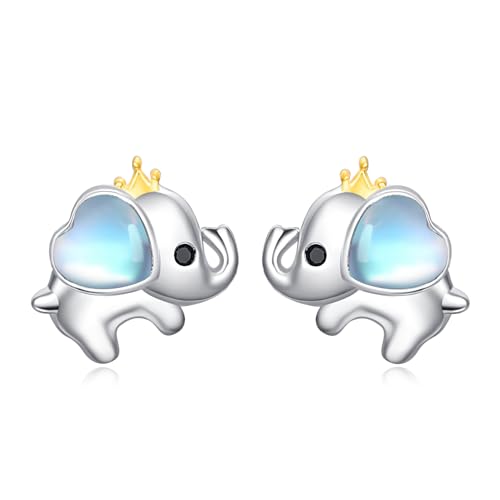 TANGPOET Mondstein Elefant Ohrringe 925 Sterling Silber kleine Elefanten Ohrstecker, Niedliche Tier Ohrring, Geburtstag Schmuck Geschenke für Mädchen Kinder von TANGPOET