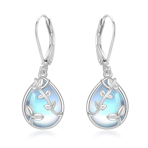 TANGPOET Mondstein Ohrringe Silber 925 Hängend für Damen Blatt Mondstein Leverback Ohrhänger Moonstone Teardrop Earrings Filigraner Schmuck MütterTag Weihnachten Neubeginn Geschenke für Sie von TANGPOET