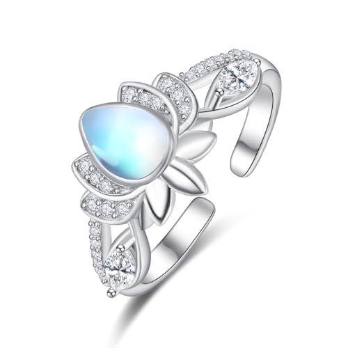 TANGPOET Mondstein Ringe 925 Sterling Silber Lotus Blume Ring für Frauen, Verstellbare Daumen Ring, Valentins Geburtstag Schmuck Geschenke für sie von TANGPOET