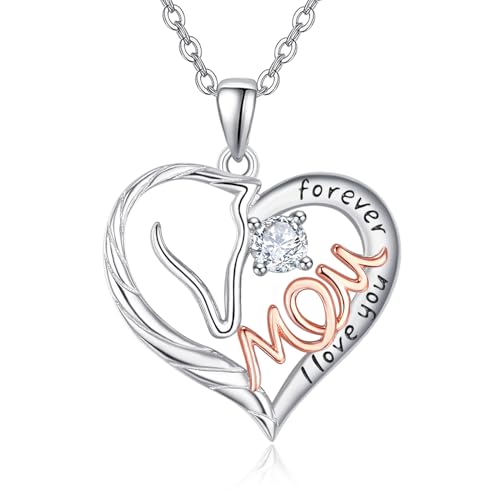 TANGPOET Muttertag Pferde Geschenke für Damen 925 Sterling Silber Ich liebe Dich für Immer Halskette für Mama Herz Anhänger Schmuck für Pferdeliebhaber Geburtstag mit 18"+2" Kette von TANGPOET