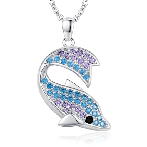 TANGPOET Niedliche Delphin Halskette für Damen Mädchen 925 Silber Delfin Schmuck Fanartikel Meer Strand Ozean Thematische Geschenke für Valentines Geburtstag mit 18"+2" Kette von TANGPOET