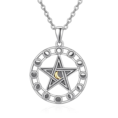 TANGPOET Pentagramm Halskette 925 Sterling Silber Mond Phase Halskette Mondphase Kette Wiccan Stern Halbmond Mond Anhänger Halloween Gotik Schmuck Geschenke für Damen Herren von TANGPOET