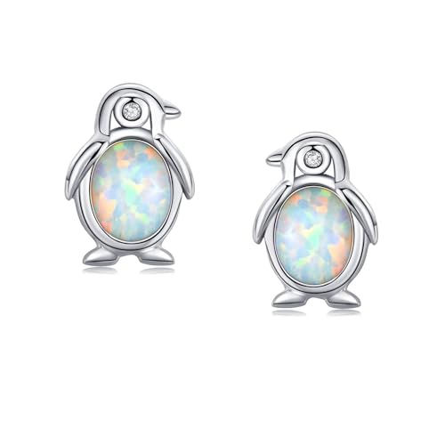 TANGPOET Pinguin Geschenke für Damen Mädchen 925 Sterling Silber Weiße Opal Ohrstecker Niedlicher Pinguin Strand Schmuck Geschenke Geschenke für Liebhaber von Meerestieren von TANGPOET