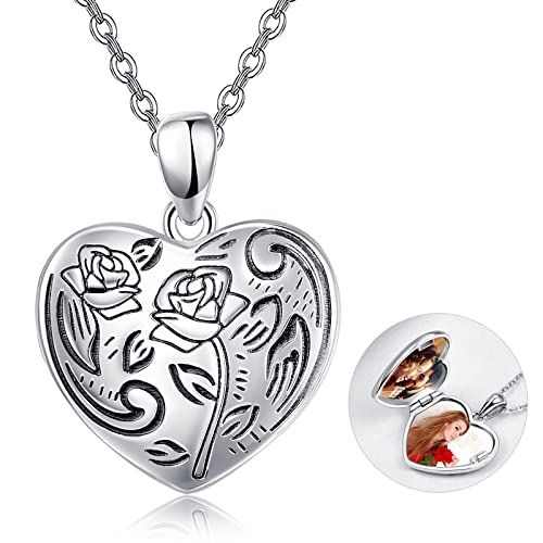 TANGPOET Rose Medaillon Kette mit Bild Blumen Foto Medaillons Anhänger 925er Sterlingsilber I Love You Forever“ Erinnerungs Foto Anhänger Geschenke von TANGPOET