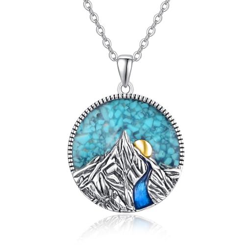 TANGPOET Rund Berge Kette für Damen Herren Kreis Türkis Anhänger Halskette Schmuck Geschenke für Wanderer,Skifahrer,Wanderer,Camper,Bergsteiger,Naturliebhaber von TANGPOET