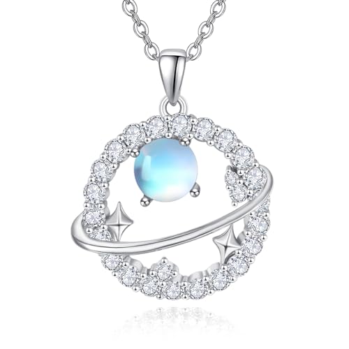 TANGPOET Saturn Kette für Damen Frauen Mädchen 925 Sterling Silber Mondstein Planeten Anhänger Halskette Weltraum Weltall Schmuck Geschenke für Müttertag Weihnachten Geburtstag Valentinstag von TANGPOET