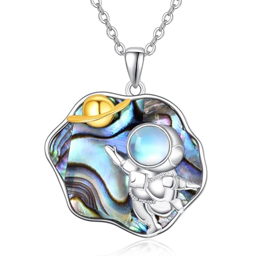 TANGPOET Saturn Planet Halskette Silber 925 Abalone Schale Universum Raumfahrt Anhänger Kette Mondstein Astronaut Schmuck Geschenke für Damen Teen Mädchen Astronaut mit 18"+2" Kette von TANGPOET