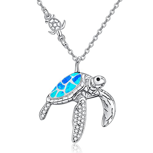 TANGPOET Schildkröten Kette Sterling Silber Schildkröte Anhänger Halskette Damen Meeresschildkröte Halskette mit Blau Opal Schildkröte Schmuck Geschenke für Damen Mutter von TANGPOET