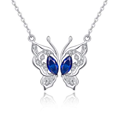 TANGPOET Schmetterling Halskette 925 Sterling Silber Blau Kristall Schmetterlings Anhänger Kette Schmuck Geschenke für Frauen Damen Mädchen von TANGPOET