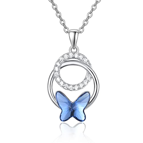 TANGPOET Schmetterling Halskette 925 Sterling Silber Blau Kristall Schmetterlings Kette Anhänger Schmuck Geschenke für Frauen Damen Mädchen von TANGPOET