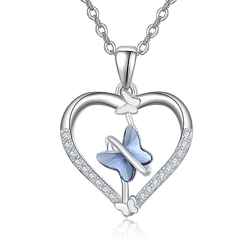 TANGPOET Schmetterling Halskette 925 Sterling Silber Herz Kette Kristall Schmetterling Anhänger Valentinstag Schmuck Geschenke für Frauen Mädchen Damen von TANGPOET