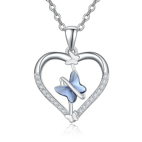 TANGPOET Schmetterling Halskette 925 Sterling Silber Herz Kette Kristall Schmetterling Anhänger Valentinstag Schmuck Geschenke für Frauen Mädchen Damen von TANGPOET